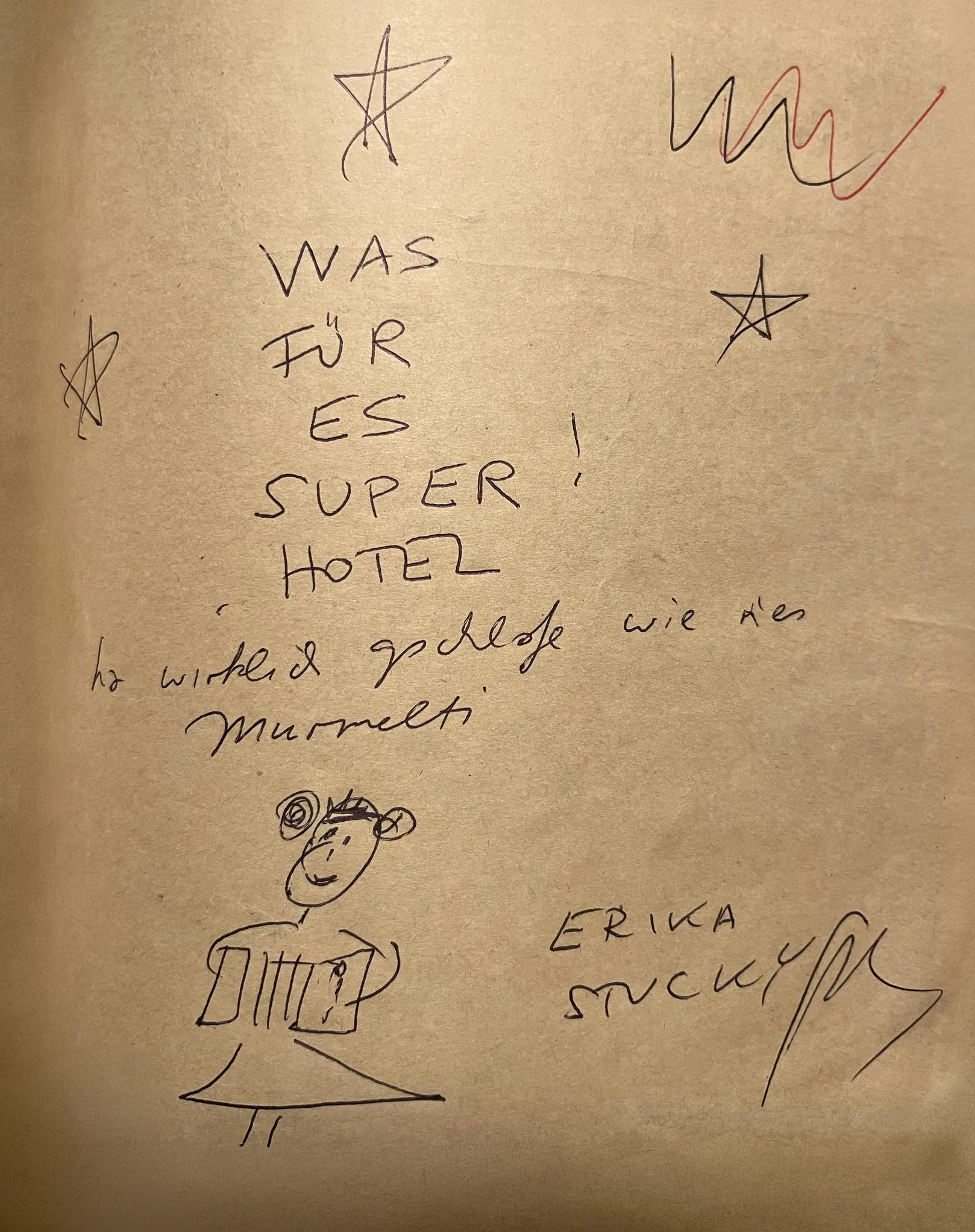 Guestbook entry by Swiss artist and musician Erika Stucky about her stay at the hotel