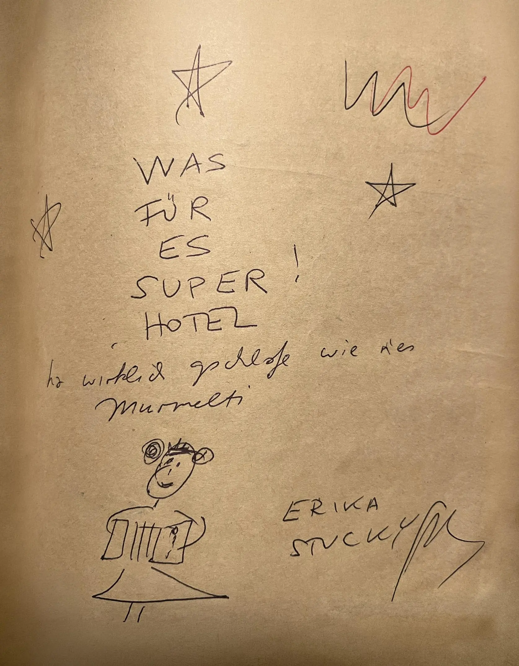 Gästebucheintrag der Schweizer Künstlerin und Musikerin Erika Stucky über ihren Aufenthalt im Hotel